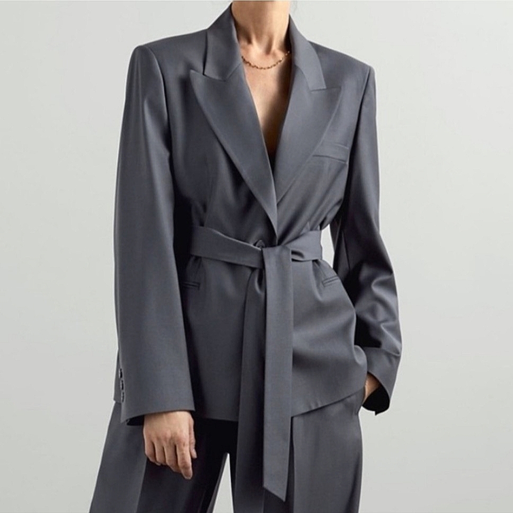 Zara Wool Blend Belted Blazer Grey XS